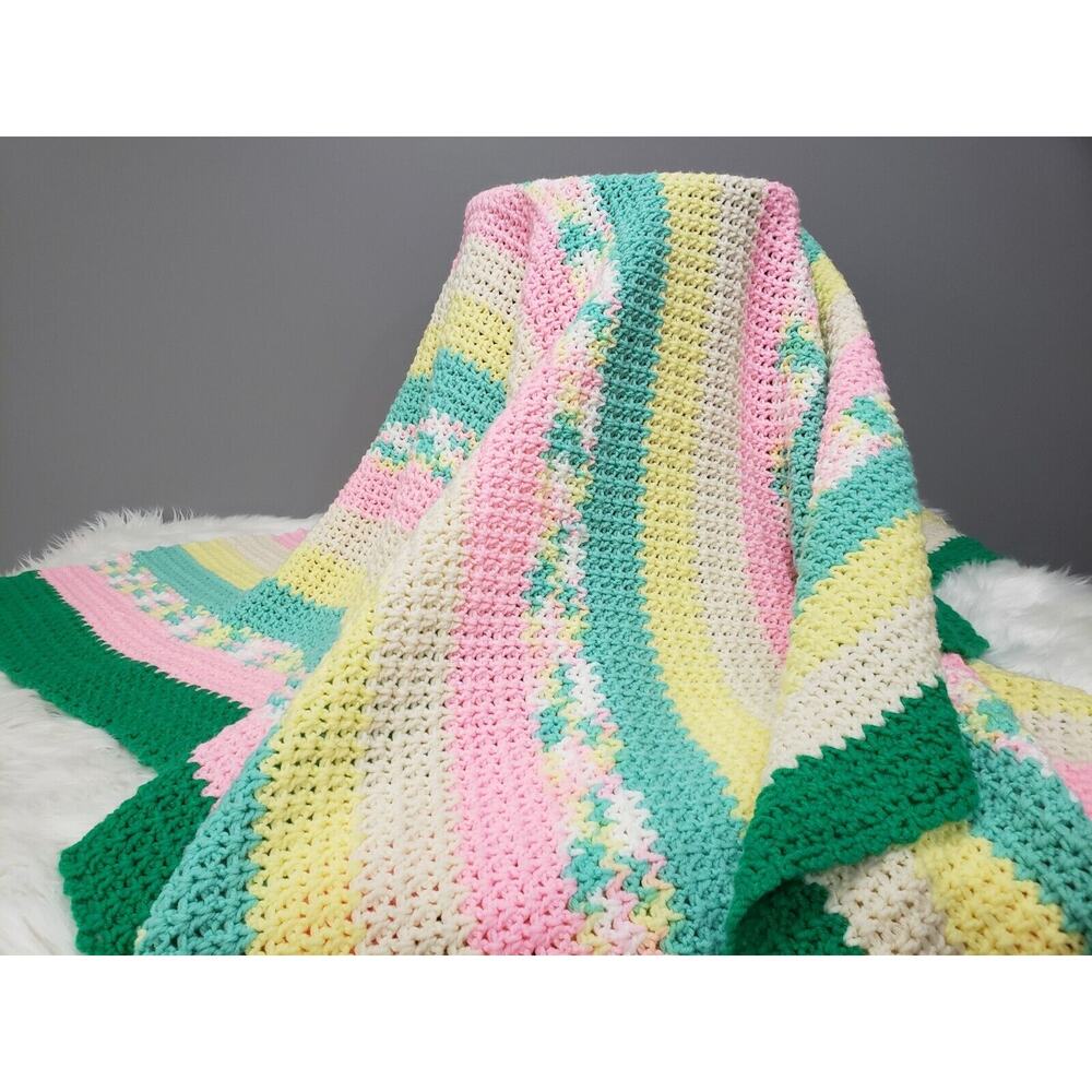 Vintage pink yellow green afghan‎ blanket throw nursery y2k bedroom decor easter
